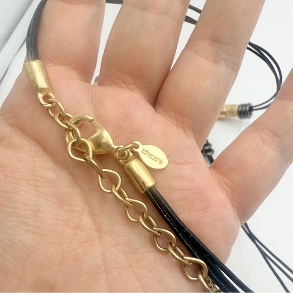 Chico’s Chunky Gold-Tone Bead Necklace on Leather Cord with Rhinestones - Picture 5 of 8